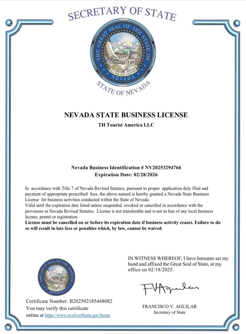 TH Tourist America LLC – Chính Thức Được Cấp Phép Kinh Doanh Tại Nevada, Hoa Kỳ
